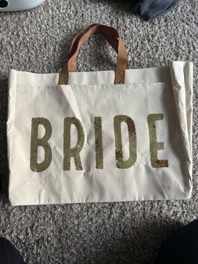 Mud Pie Cream Canvas Tote with Gold Sequin 'BRIDE' Lettering